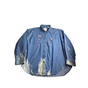 Y2K American Original P.S.I. Denim Shirt XXL Bleached Embroidered USA Flag Stars